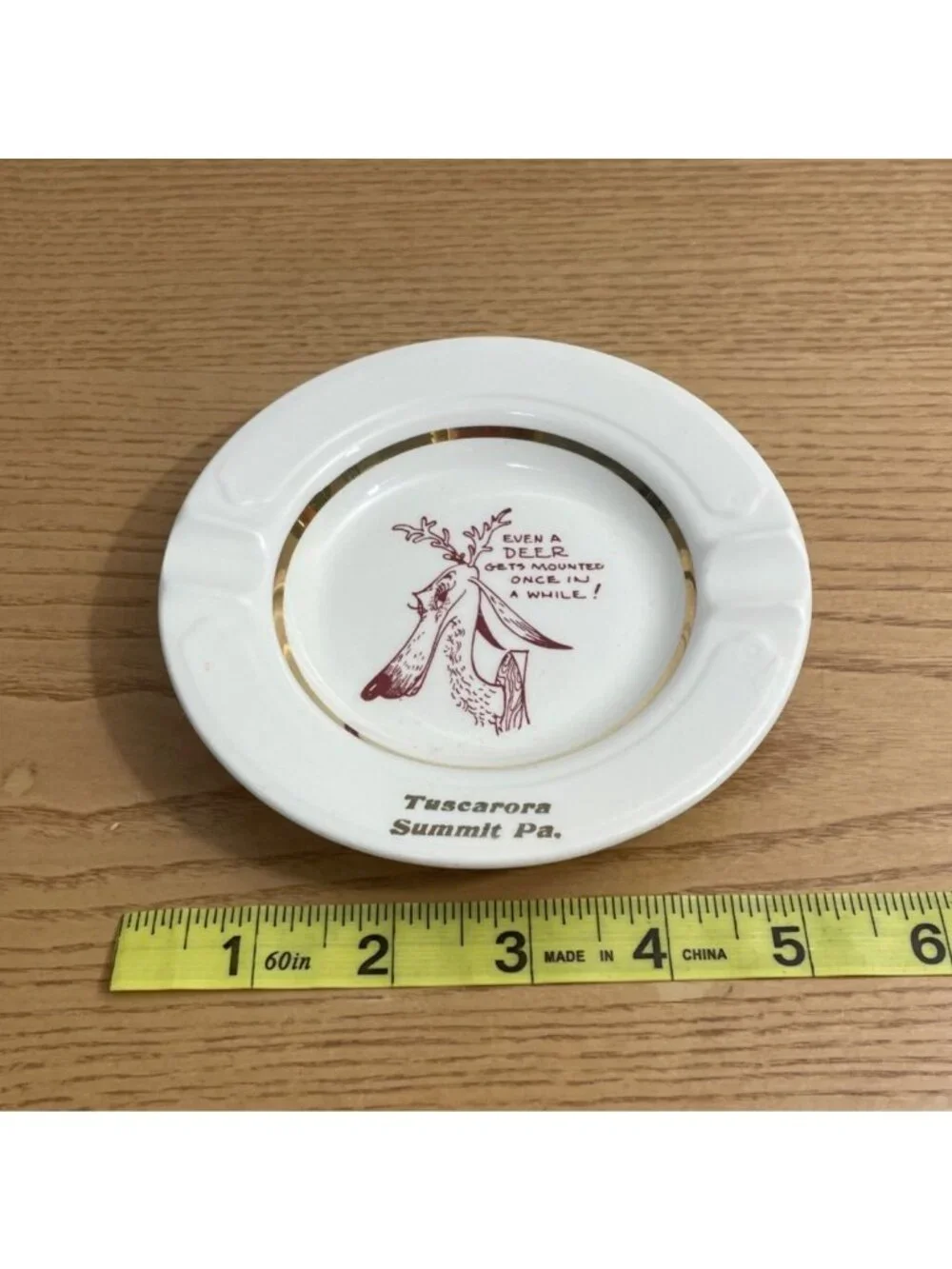 Vintage Tuscarora Summit Pa Ceramic Ashtray w Deer Humor Gold Trim 5 Inch